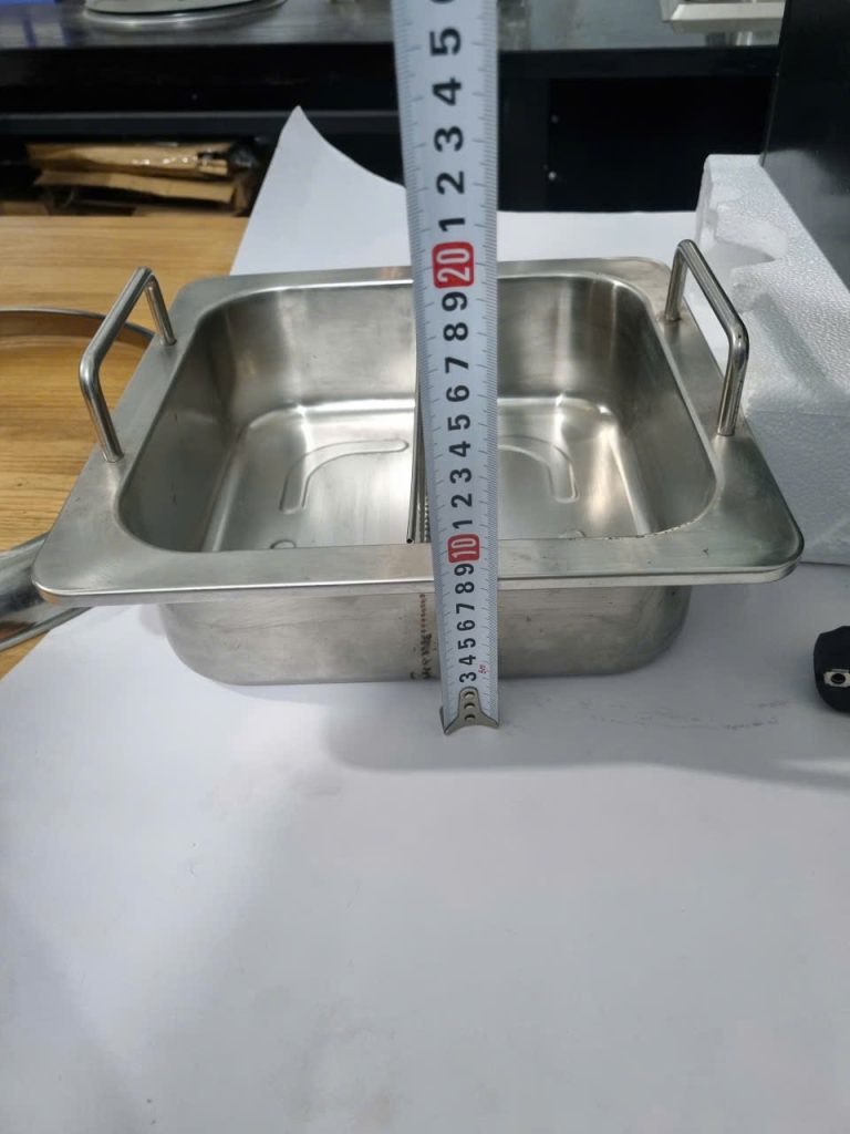 Chiều cao nồi inox nấu lẩu tại bàn nhà hàng loại vuông 2 ngăn 285x285mm