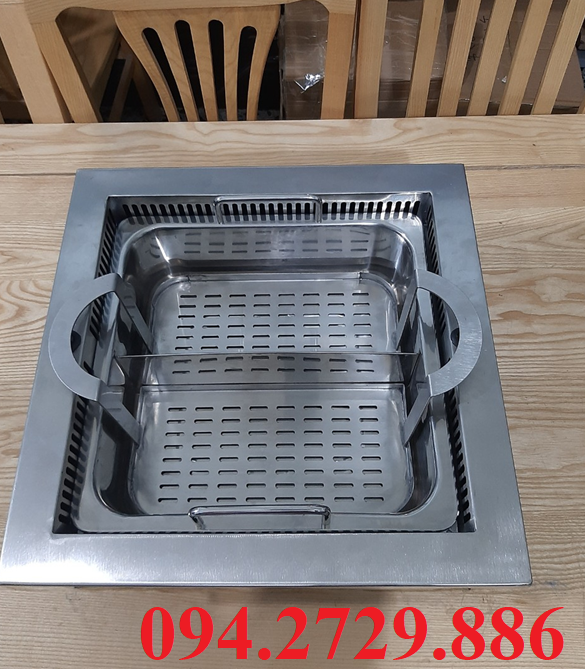 Bếp lẩu thang máy - lẩu tự nâng Trung Hoa sử dụng bếp từ lẩu âm bàn vuông và nồi lẩu inox 2 ngăn